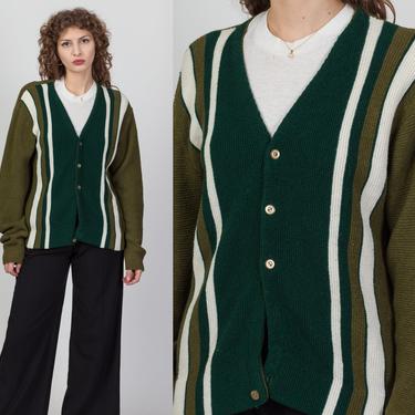 60s 70s Green Striped Knit Cardigan - Men's Medium, Women's Large | Vintage Unisex Button Up V Neck Slouchy Sweater 