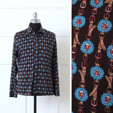 mens vintage 1970s shirt • novelty print buckles & straps long sleeve acrylic knit disco shirt 