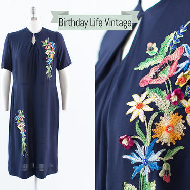 Vintage 1940s Dress | 40s Floral Chainstitch Embroidered Dark Navy Blue Rayon Cocktail Sheath Dress (large/x-large) 