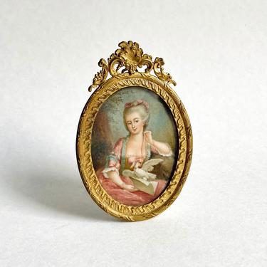 Antique Rococo Style Miniature Portrait Woman w Love Letter Artist Signed 19th C 