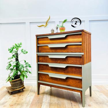 Mid Century Modern Highboy/ Two tone Dresser/ Boho Inspired/Chest of  drawers / green dresser 