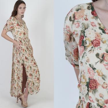 Vintage 90s Romantic Floral Dress / Ivory Rose Flowers Gypsy Style / Grunge Festival Party Babydoll Dress / Side Button Up Maxi Dress 