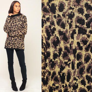 LEOPARD PRINT Sweater 80s Animal Print Sweater METALLIC Gold Slouchy Knit Yellow Black 1980s Pullover Vintage Hipster Jumper Medium Large 
