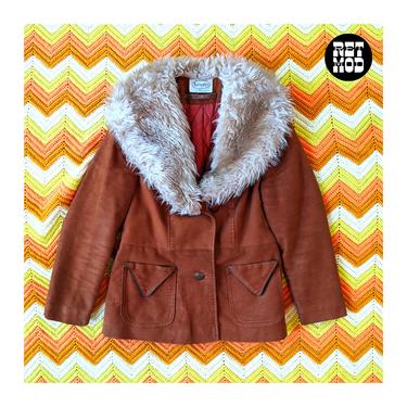 FANTASTIC Vintage 70s Warm Brown Velvet Hippie Coat with Faux Fur Collar 