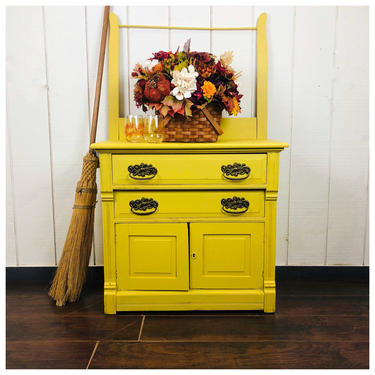 SOLD Antique wash stand, oak, painted Paint Couture Custom yellow 