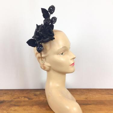 One of a Kind headband | Vintage black silk vinyl rose hair band head piece 