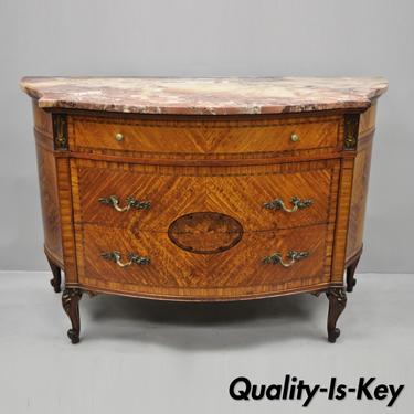 Early 20th C French Louis XV Style Demilune Pink Marble Top Bombe Commode Chest