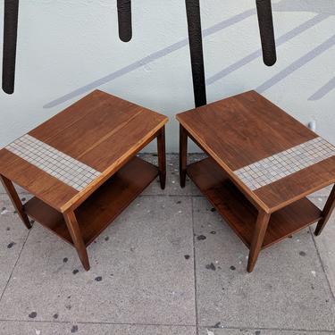 Mid Century Walnut and Tile Top End Tables by Lane Furniture Co. 