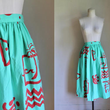 Vintage 1980s does 50s Novelty Print Cotton Skirt / XS 