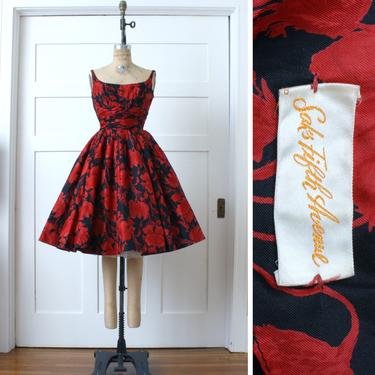 vintage 1950s silk floral dress • fit & flare black and red dress • poppy print full skirt 