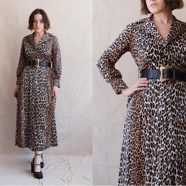Vintage 60s Leopard Nylon House Dress/ 1960s Long Sleeve Button Up Dress/ Size Medium 