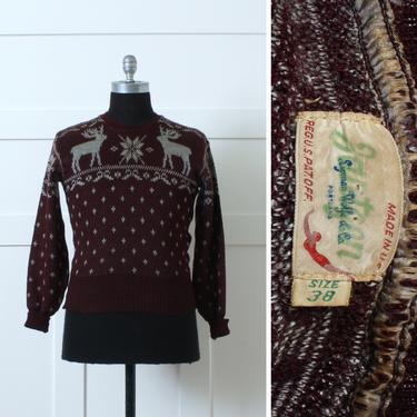 vintage 1940s Jantzen novelty sweater • unisex dark burgundy wool knit stag deer pullover 