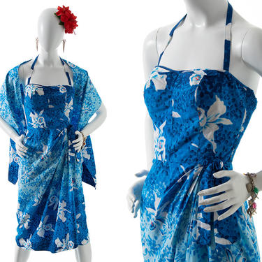 Vintage 1950s Sarong Dress & Wrap Set | 50s Kamehameha Style Hawaiian Floral Ombré Cotton Blue Halter Smocked Tiki Sundress (xs/small) 