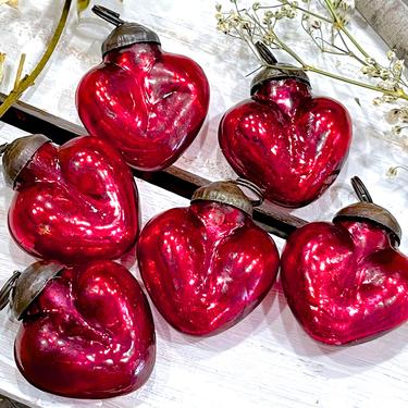 VINTAGE: 5pc Small Thick Mercury Glass Heart Ornaments - Mid Weight Kugel Style Ornaments - Red Heart - Heart Pendants - SKU 3-D1-00031422 