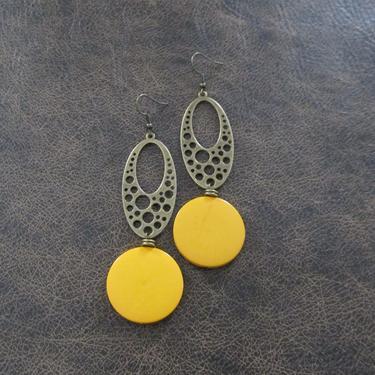 Large yellow earrings, Geometric earrings, mid century modern earrings, bold statement earrings, chunky earrings, antique bronze earrings 