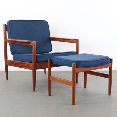 Teak Lounge Chair with Matching Ottoman attributed to Arne Vodder in Blue 