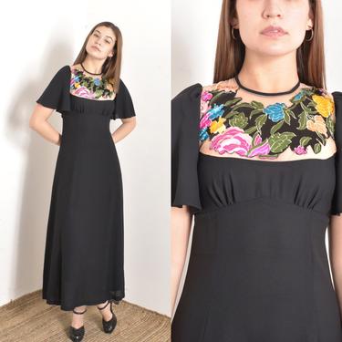 Vintage 1970s Dress / 70s Floral Illusion Neckline Maxi Dress / Black ( XS S ) 