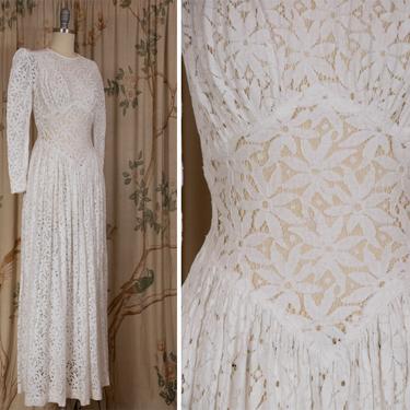 1930s Bridal Gown - The Pyxia Gown - Exquisite Ivory Cotton Lace 30s Wedding Dress with Dramatic Midwaist and Peaked Sleeves 