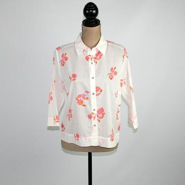 Vintage 90s Semi Sheer Button Up Blouse Medium, White with Pink &amp; Orange Floral Print Shirt, 3/4 Sleeve Cotton Boxy Top Casual Clothes Women 