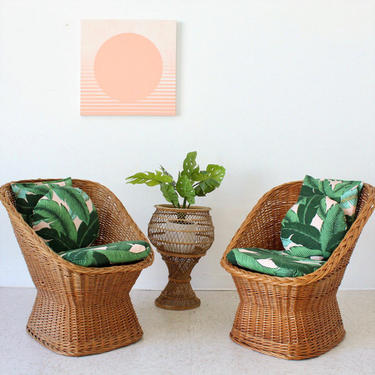 Vintage Pink Palmleaf Outdoor/Indoor Mod Wicker Chairs 