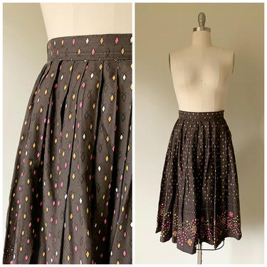 Vintage 50s Skirt • Diamonds • Pink Yellow Cotton Printed 50s Pleated Skirt Size Small 