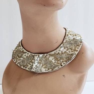 1950s Cream Silk Beaded Collar Choker / Silver Gold Metallic Leaf Pattern Embroidery Made in India Barr & Beards 