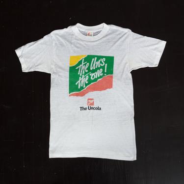 70s &amp;quot;The Uncola&amp;quot; 7-Up Threadbare T Shirt - Men's Small, Women's Medium | Vintage Burnout Graphic Soda Logo T Shirt 