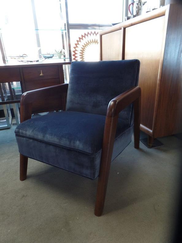 Mid-Century Modern armchair with new dark blue velvet upholstery