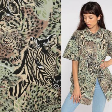 Jungle Leopard Shirt Zebra Jungle Animal Safari Print Giraffe Tropical 90s Top Africa Print Blouse Button Up Shirt 1990s 2xl xxl Extra Large 