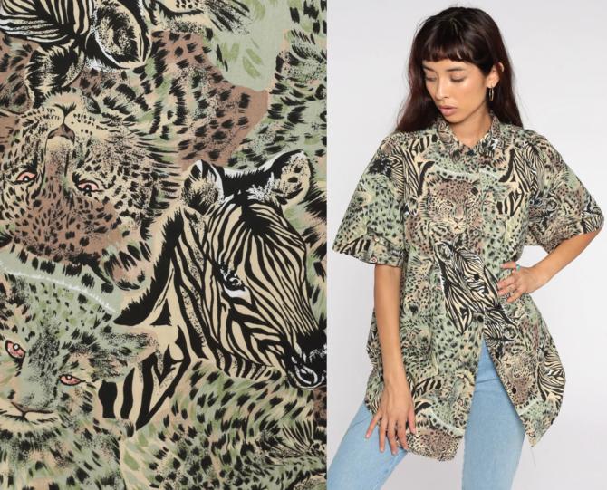 Jungle Leopard Shirt Zebra Jungle Animal Safari Print Giraffe Tropical 90s Top Africa Print Blouse Button Up Shirt 1990s 2xl xxl Extra Large