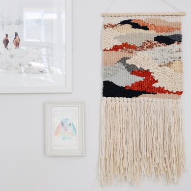 Wall Weaving - Batik Print Fabric - Rust / Terracotta, Navy - Fiber Art Weave - Woven Tapestry Hanging - Cotton Rope, Jute - Nursery 