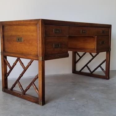1970s Campaign Sligh Faux Bamboo and Leather Top Executive Desk 