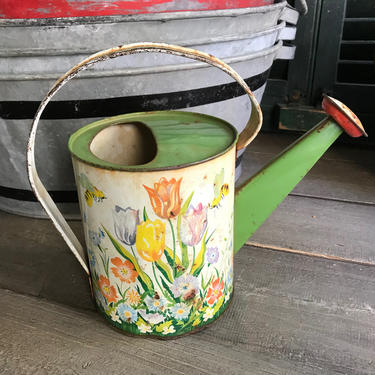 1950s Childs Watering Can, Ohio Art, Tin Litho Floral Tulips Pattern, Retro Garden Tools 