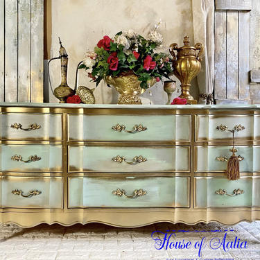 Gold and Green French Provincial Dresser |Teal Buffet Table | French Sideboard | Console Table | Storage Cabinet | Shabby Chic Decor 
