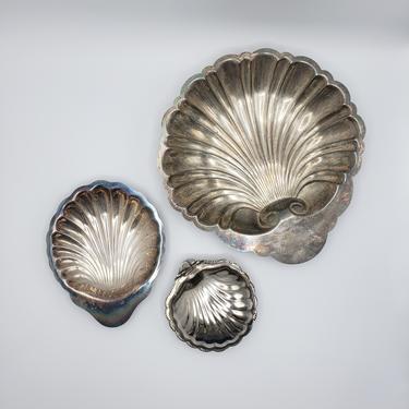 Vintage Silver Plated Shell Clam Dish Set | Metal Catch-all Decorative Trays 