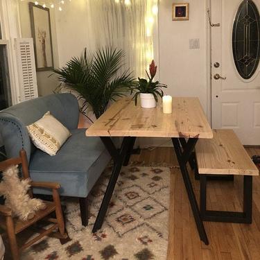 Modern Boho Farmhouse Table with Bench -  Wood Dining Set 