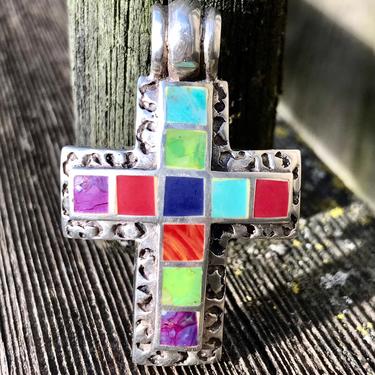 Vintage Multi Gemstone Cross Pendant Native American Stamped SE 925 Vibrant Colors Gift 