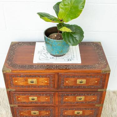 Four Drawer Wood Cabinet Side Table with Brass Inlay 