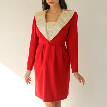 Vintage 80s Jacqueline de Ribes Red Broad Shoulder Dress w/ Champagne Silk Lapels | Made in France | 1980s Designer Avant Garde Dress 