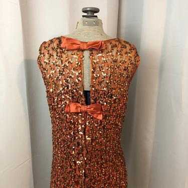 1960s vintage Mod sequined dress Orange Copper and silk satin bows L Elinor Gay 