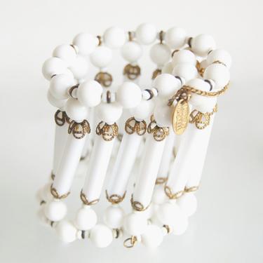Miriam Haskell Lucite Wrap Bracelet Vintage Midcentury Minimalist Modern White Tubular Bead Flexible Cuff Memory Coil Jewelry Accessories 