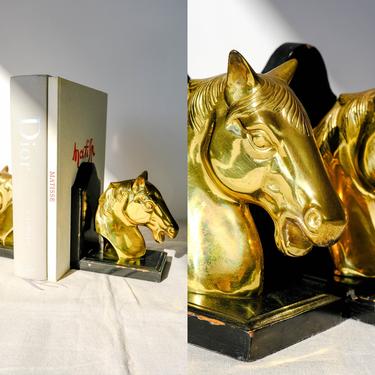 Vintage 1950s 1960s Brass Equestrian Horse Head Bookends | Rustic, Bohemian, Library, Home Decor | Mid Century, Retro, Boho Brass Book Ends 