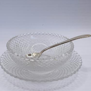 Heisey Glass Crystal Diamond Point Open Salt Cellar with Matching Plate and Sterling Silver Spoon 