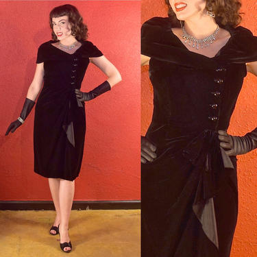 1950s Suzy Perette Dress Black Velvet Draped Sheath 