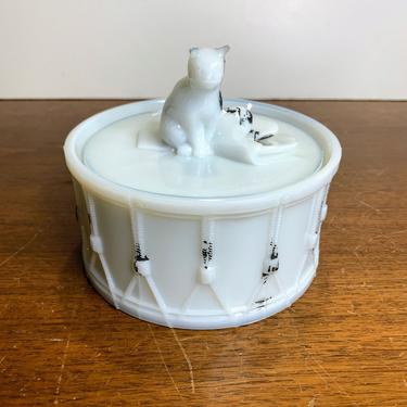 Antique Portieux Vallerysthal Milk Glass Cat and Drum Powder Jar 