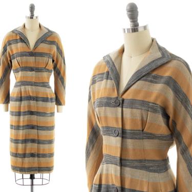Vintage 1950s Shirt Dress | 50s Striped Wool Mustard Yellow Grey Wiggle Sheath Winter Shirtwaist Day Dress (small) 