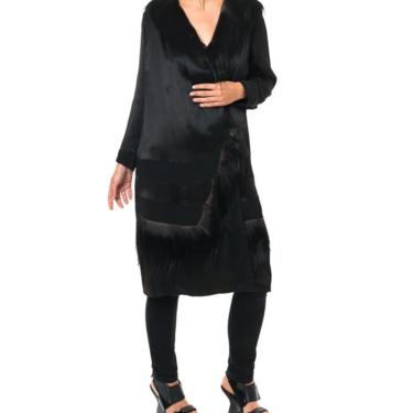 1920S Black Silk Satin  Coat Trimmed In Shaggy Fur 