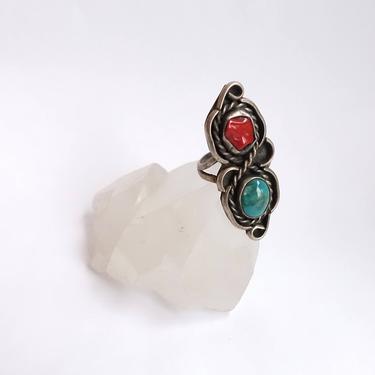 Vintage 50s Sterling Turquoise and Coral Ring/ Native American Old Pawn Southwestern Large Statement Ring/ Size 5.5 