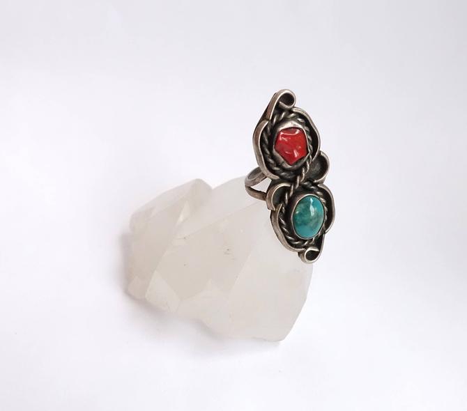Vintage Old Pawn Sterling Silver Long Native American Ring Coral and Turquoise Statement Ring