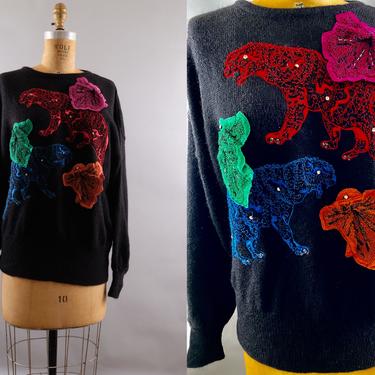80s Escada by Margeretha Ley Black Mohair Sweater Sequin Tigers Size 38 